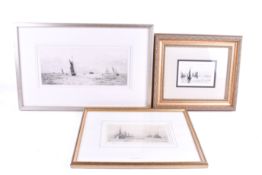 Three late 19th century etchings of boats. WL Wyllie, and one other, largest framed and glazed 35.