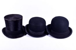A gentleman's vintage black silk top hat and two bowler hats.
