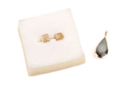 A pair of square 9ct gold earrings and a pendant.