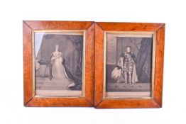 Pair of birds eye maple picture frames with 19th century engravings.