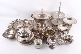 A collection of assorted silver plated items. Including a tureen and cover, bonbon dishes, etc.