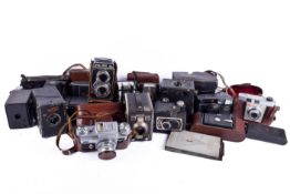 A collection of assorted vintage film cameras. Including box and folding versions, etc.