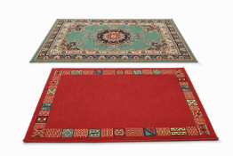 Two modern rugs - one red and the other on a green ground.