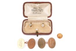 A small group of gold dress items. Comprising a pair of 9ct hallmarked cufflinks, gross weight 8.