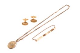 A yellow metal chain marked 9ct, gold plated cufflinks and tie pin.