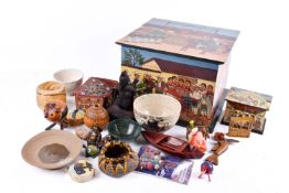 A Guatemalan folk art box with contents of collectables.