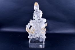 A Liuli Crystal art sculpture 'Enlightened by the Auspicious Dragon' with deity Guanyin.