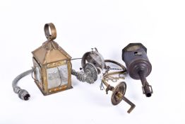 A group of assorted metalware items. Including a brass lantern, gas lamp brackets, etc.