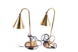 A pair of Italian contemporary swan neck brass desk lamps. Raised on circular bases.