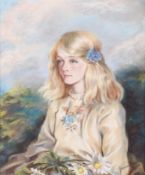 Jasper Brett (20th century) - oil pastel portrait of a young girl.