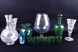 A seven piece green glass Venetian lemonade set and other glassware.