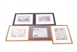 Three gilt framed 19th century hand coloured maps and two prints depicting Cornwall.