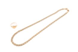 A 9ct gold tri-colour plaited necklace and a ring. The necklace hallmarked, L38cm, weight 5.