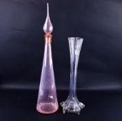 Two glass items. Including an Empoli style 'genie bottle' decanter and a lily vase.