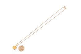 Two 9ct gold and yellow metal St Christopher pendants and a thin chain.