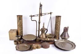 A collection of assorted brass and copper items. Including a set of balance scales, etc.