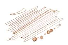 A group of 9ct gold chains and earrings.