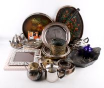 A collection of assorted silver plated and brassware items.