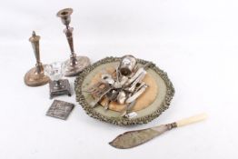 Quantity of assorted vintage silver plated items. Including a bread board and candlesticks, etc.