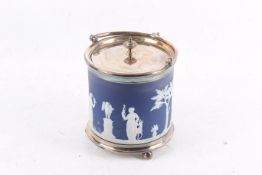 Wedgwood blue Jasper and silver plated biscuit barrel, c.1900.