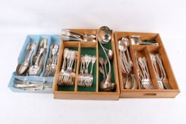 A collection of assorted silverplated cutlery. Including old English fiddle pattern, ladles, etc.