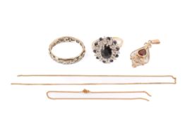 A 9ct gold cluster ring, another ring and a pendant with a broken chain.