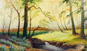 H. Gibbins (20th century) - Landscape with stream and trees, oil on board.