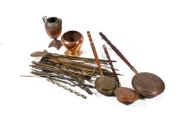 A collection of assorted brass and copper items. Including warming pans and copper jardiniere, etc.