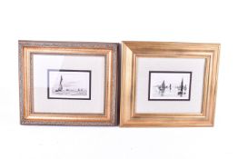 Two small etchings of boats.