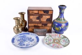 A group of mixed Asian and Chinese porcelain and enamel items with a marquetry jewellery box.