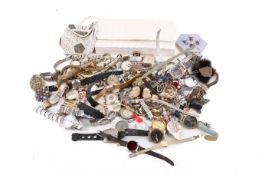 A quantity of wristwatches and costume jewellery. Including Rone, Rotary, brooches, necklaces, etc.