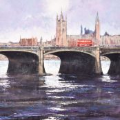 A contemporary painting on board of 'London Bridge and the Houses of Parliament'.