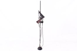 A contemporary minimalist design floor lamp. Raised on a weighted dome base, with two lamps.