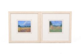 Two small Impressionist style pastel drawings of corn fields. Each 12.