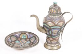 Moroccan pottery water jug and bowl set. Having metal work decoration, handle and sprout.
