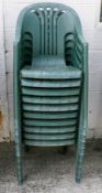 A set of ten Flair Plaisir green plastic stacking garden patio chairs.