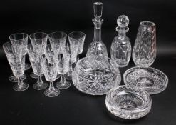 Sets of six Waterford Kylemore pattern glasses, and a bowl, vase, ashtray, dish and two decanters.