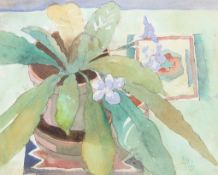 A watercolour on paper, depicting flowers in a pot in an oak frame.