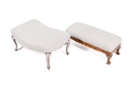 Two assorted wooden framed foot stools with matching upholstery.