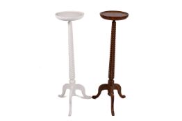 Two modern wooden torchere jardinière stands, one painted white.