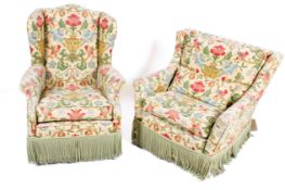 Two assorted 20th century floral pattern upholstered armchairs.