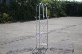 A white painted metal three tier whatnot and a pair of white metal wirework planters.
