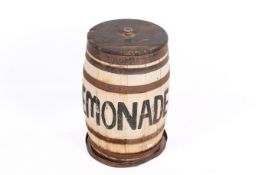 A vintage barrel with lidded top and metal straps.