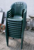 A set of ten Flair Plaisir green plastic stacking garden patio chairs.