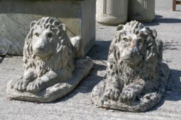 A pair of reconstituted stone lion statues in seated position.
