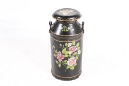A barge ware style milk churn and cover, decorated with garlands of roses.