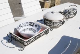 A three-piece bistro set of tureens by Signature Houseware along with cutlery, etc.