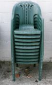 A set of ten Flair Plaisir green plastic stacking garden patio chairs.