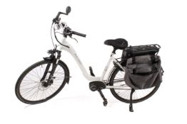 Ladies' Raleigh Motus Tour electric bike fitted twin panniers (charger and battery present).