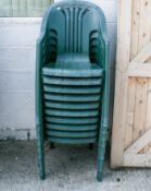 A set of ten Flair Plaisir green plastic stacking garden patio chairs.